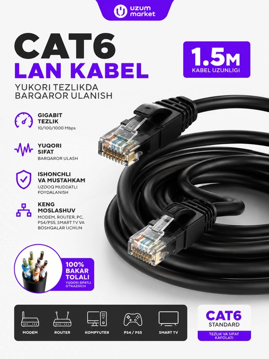 Wi-Fi kabeli, patch-kord, LAN UTP Cat6 kabeli, 1,5 m kabel - 
