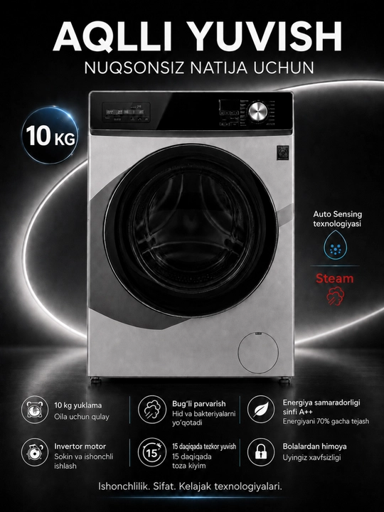 AIWA 10 kg avtomatik kir yuvish mashinasi, inverter, bug‘ va tezkor yuvish