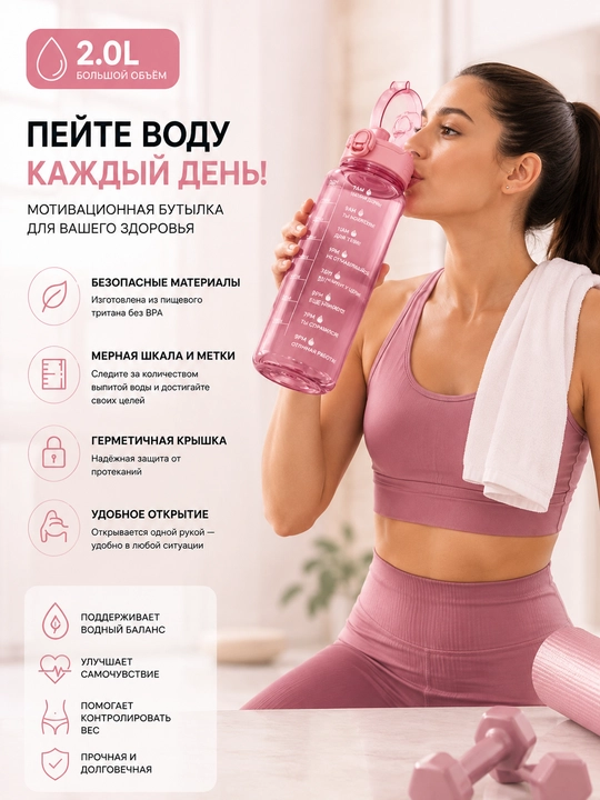 Бутылка для воды, с трубочкой, спортивная, на отдых, в школу, 2000 мл