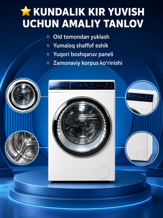 Old tomondan yuklanadigan kir yuvish mashinasi, metall baraban, oq rang