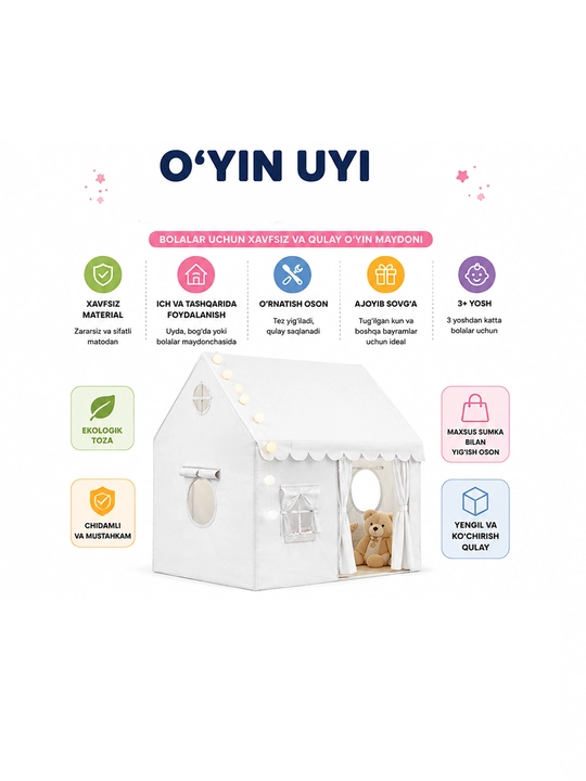 Bolalar uchun yig‘iladigan o‘yin chodiri Children Tent uycha tenti ko‘k rangli set - 