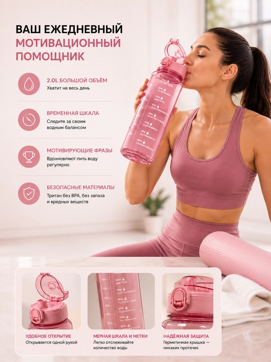 Бутылка для воды, с трубочкой, спортивная, на отдых, в школу, 2000 мл