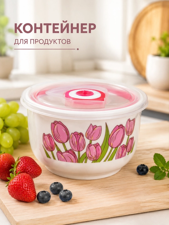Керамическая миска «Pink Love» с вакуумной крышкой — контейнер для хранения продуктов - 