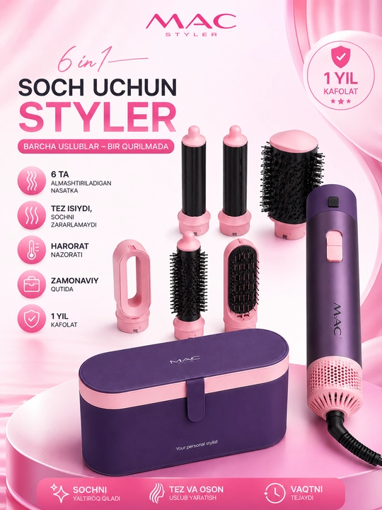 Soch uchun professional Mac Stayler MC-6766 fen-stayleri, 6 ta 1 da soch turmagi va ployka - 