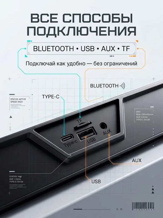 Саундбар c Bluetooth, для ПК, смартфона, телевизора, ноутбука, USB AUX, стереоколонки