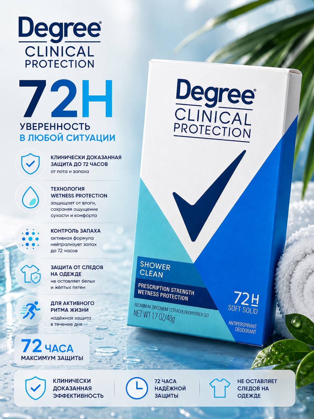 Degree Clinical Protection — антиперспирант усиленной защиты, 48 г - 