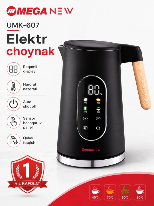Raqamli displey va haroratni sozlash imkoniyatiga ega MEGA NEW UMK-607 elektr choynagi