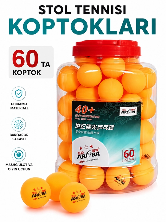 Stol tennisi uchun koptoklar AURORA 40+, 60 dona, to‘plamda - 