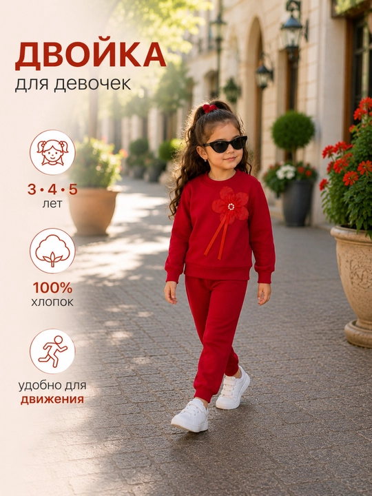 Qizlar uchun sportiv dvoyka, svitshot va shim, 100% paxta, qizil va pushti rang - 