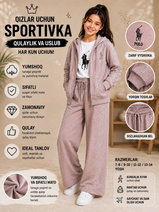 Спортивный костюм для девочки, тройка: худи, лонгслив и брюки, 7–14 лет, стильный комплект - 