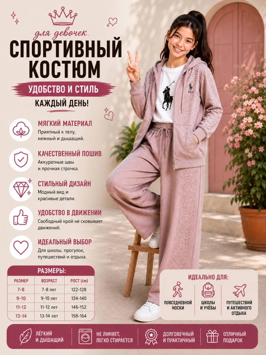Спортивный костюм для девочки, тройка: худи, лонгслив и брюки, 7–14 лет, стильный комплект