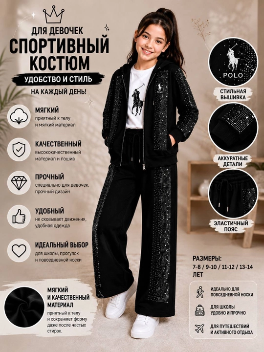 Спортивный костюм для девочки, тройка: худи, лонгслив и брюки, 7–14 лет, стильный комплект