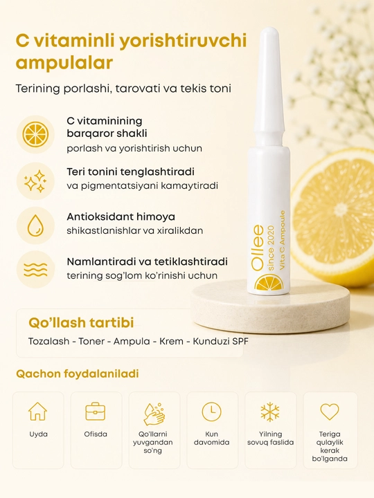 Ampula OLLEE yuz uchun vitamin C bilan teri rangini yorituvchi 2 ml x 7 dona