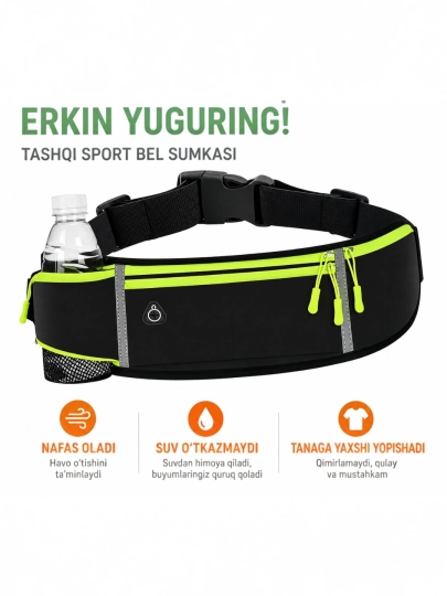Sport bel sumkasi yugurish uchun, suv o‘tkazmaydigan, 3 cho‘ntakli