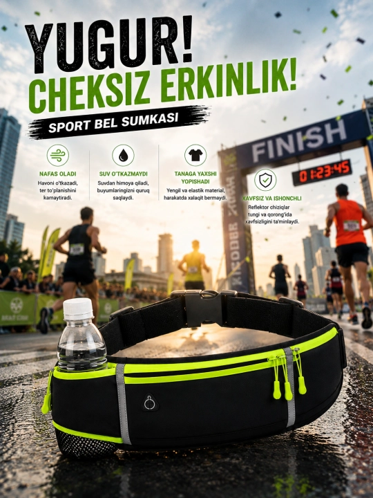 Sport bel sumkasi yugurish uchun, suv o‘tkazmaydigan, 3 cho‘ntakli - 