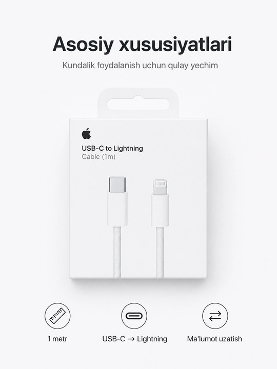Type-C dan Lightning kabel 1 m, zaryadlash va ma’lumot uzatish uchun - 