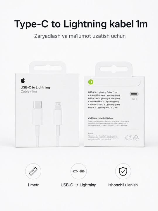 Type-C dan Lightning kabel 1 m, zaryadlash va ma’lumot uzatish uchun