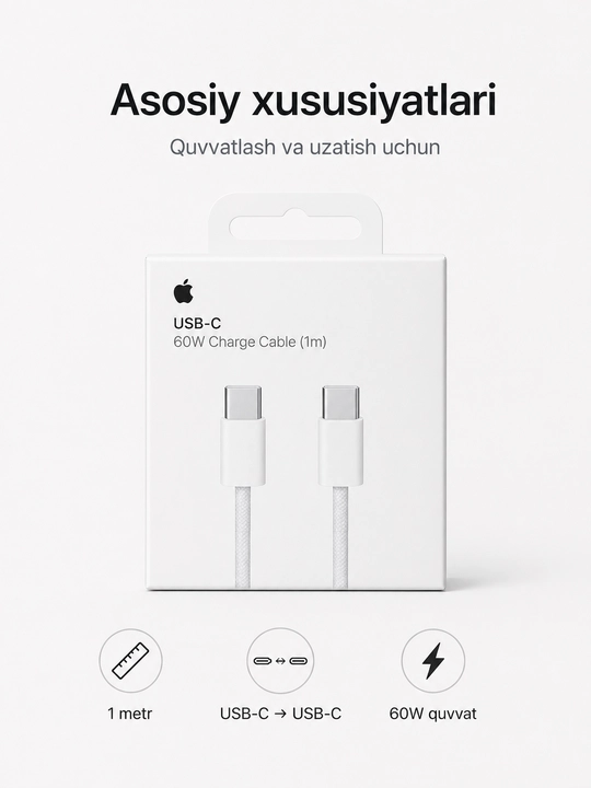 Type-C dan Lightning kabel 1 m, zaryadlash va ma’lumot uzatish uchun - 