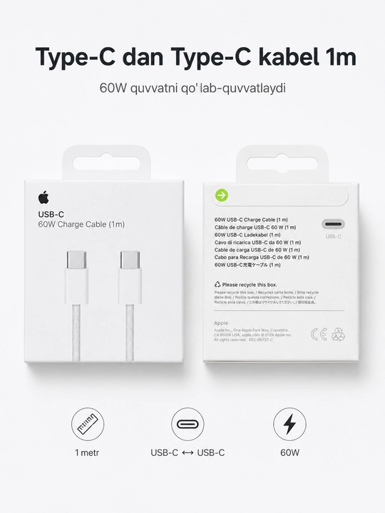 Type-C dan Lightning kabel 1 m, zaryadlash va ma’lumot uzatish uchun