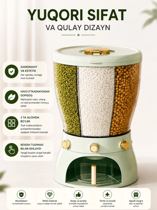 Don mahsulotlari uchun dispenser, 3 bo‘limli saqlash idishi