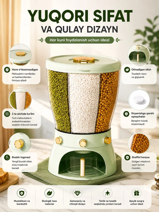 Don mahsulotlari uchun dispenser, 3 bo‘limli saqlash idishi