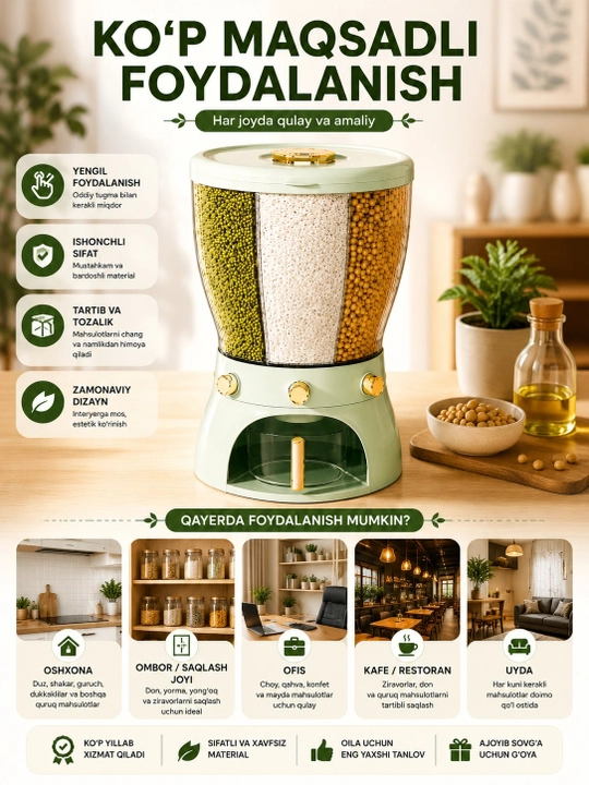 Don mahsulotlari uchun dispenser, 3 bo‘limli saqlash idishi