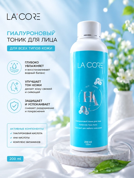 LA’CORE Hyaluronic Face Tonic - yuz terisini namlaydi va parvarishlaydi - 