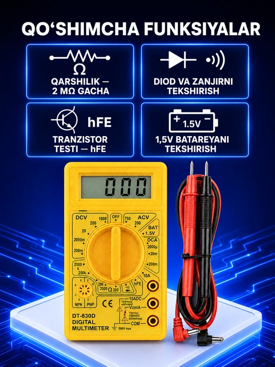 Raqamli multimetr DT-830D, DT700D, kuchlanish, tok va qarshilik o‘lchagich
