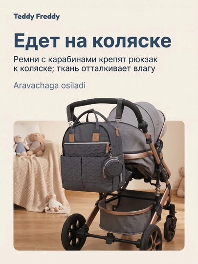 Рюкзак для мамы Teddy Freddy 2 в 1, термокарманы, ремни для коляски, футляр для пустышки, 39x34x15