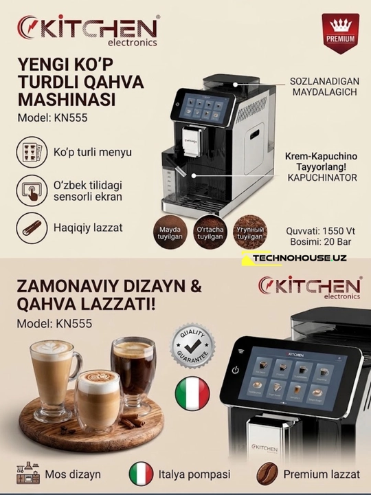 Uy va ofis uchun mo‘ljallangan Kitchen qahva maydalagichli avtomatik qahva mashinasi