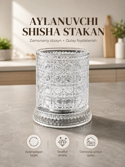 Ichimliklar uchun naqshli shisha stakan, aylanuvchi taglik bilan - 