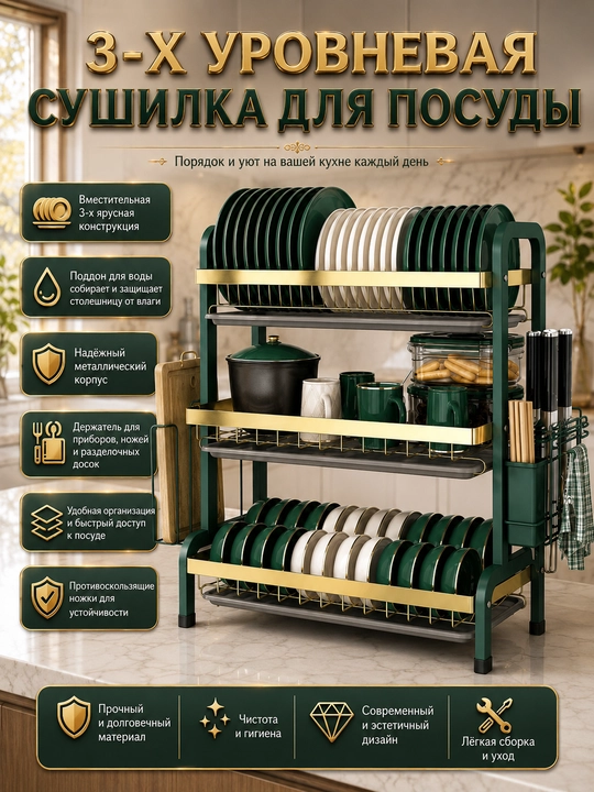 Idish quritgich, 3 qavatli idish javoni, oshxona anjomlari uchun ushlagich 67*23,5*61 sm - 