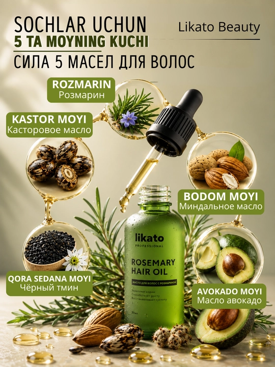 Масло для волос, для роста и укрепления волос LIKATO с розмарином и черным тмином, 30 мл
