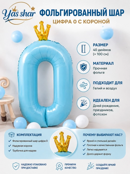Шар цифра 0 1 2 3 4 5 6 7 8 с короной, шарики Праздничный воздушный шарик на день рождения
