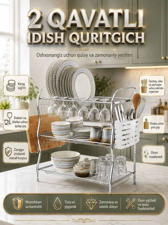 Idish-tovoqlar uchun 3 qavatli metall stol usti, 55*26*48 sm o‘lchamdagi asbob ushlagich bilan - 