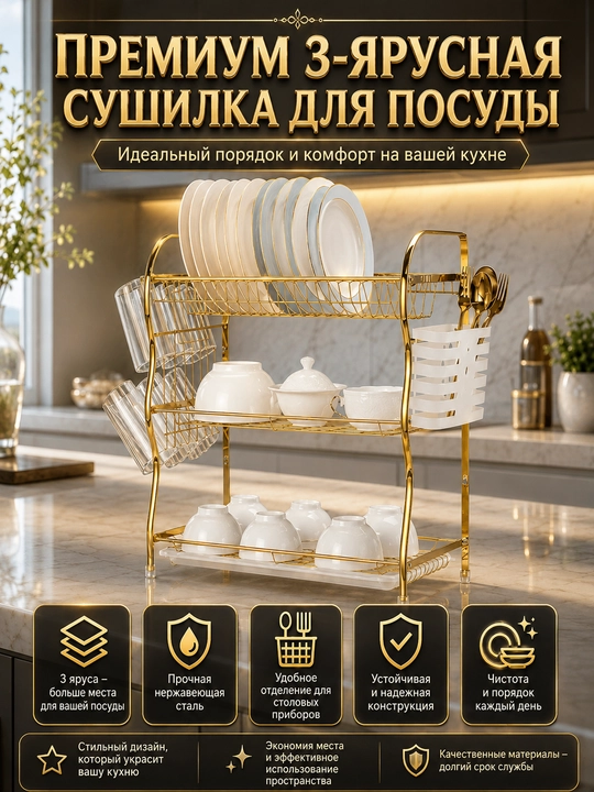 Idish quritish uchun taglik, laganda, qoshiq ushlagich va krujka ilgaklari bilan, 55*26*48 sm - 