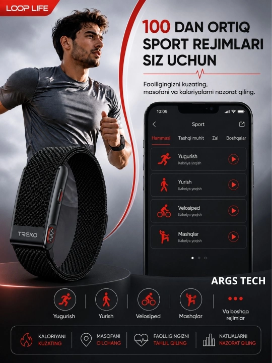 Yurak urishini o‘lchaydigan aqlli fitnes bilaguzugi, suv o‘tkazmaydigan, cheksiz obuna