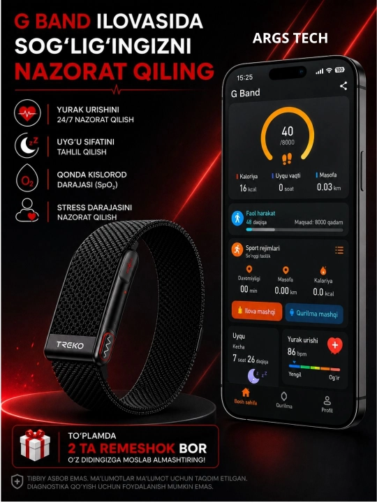 Yurak urishini o‘lchaydigan aqlli fitnes bilaguzugi, suv o‘tkazmaydigan, cheksiz obuna