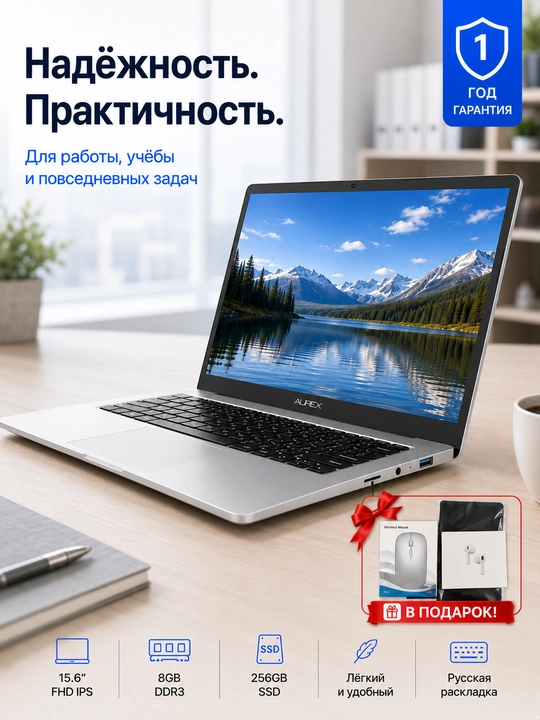 Noutbuk AUREX 15.6" FHD IPS, 8GB RAM, 512GB SSD, Windows 10 - 