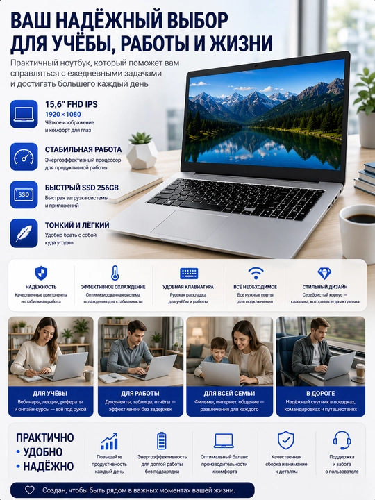 Noutbuk AUREX 15.6" FHD IPS, 8GB RAM, 512GB SSD, Windows 10
