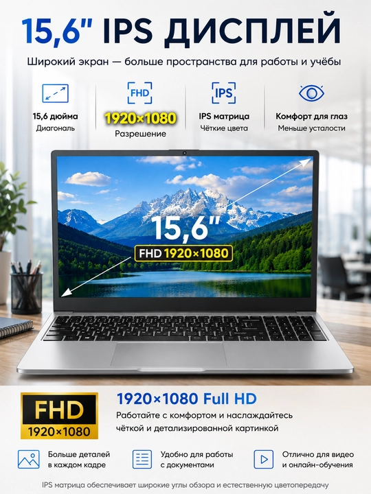 Noutbuk AUREX 15.6" FHD IPS, 8GB RAM, 512GB SSD, Windows 10