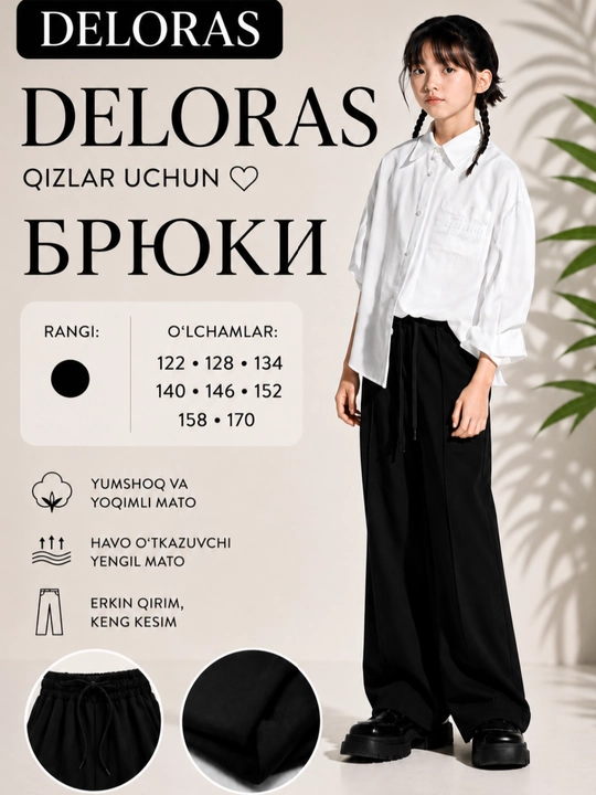 Qora DELORAS shim,qiz bola uchun,rezinkali,cho‘ntakli,maktab va kundalik foydalanish uchun - 
