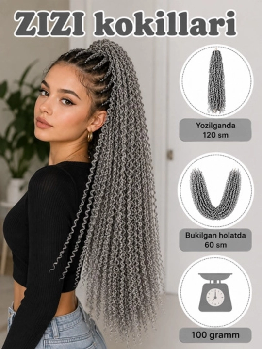 Soch o‘stirish uchun kanekalon afrokudri zizi kokillari, 100 g, 60-120 sm