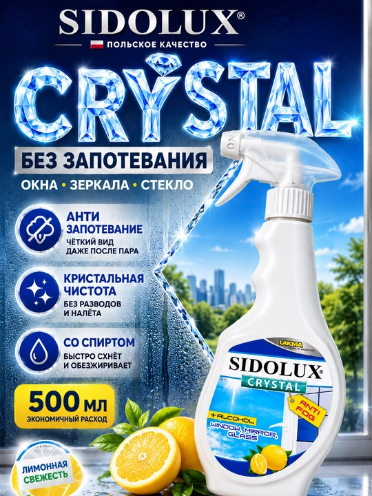 Oyna, ko‘zgu va shisha tozalagich SIDOLUX Crystal, bug‘lanishga qarshi, 500 ml - 