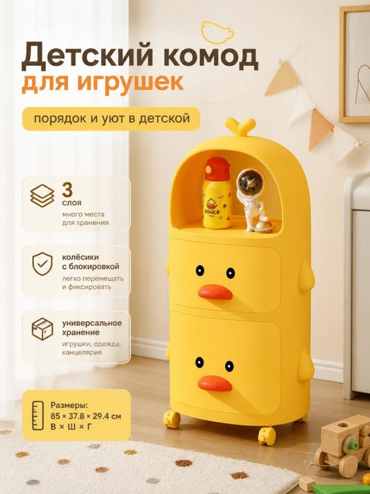 Bolalar komodi o‘rdakcha, plastik, g‘ildirakli, tortmali, o‘yinchoqlar va kiyimlar uchun - 
