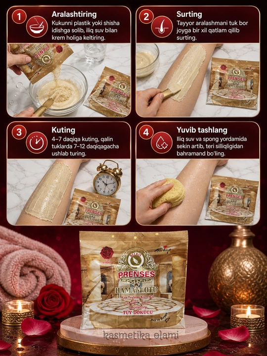 Prensess Hamam Otu sochlarni tez va og‘riqsiz yo‘qotish kukuni, unisex