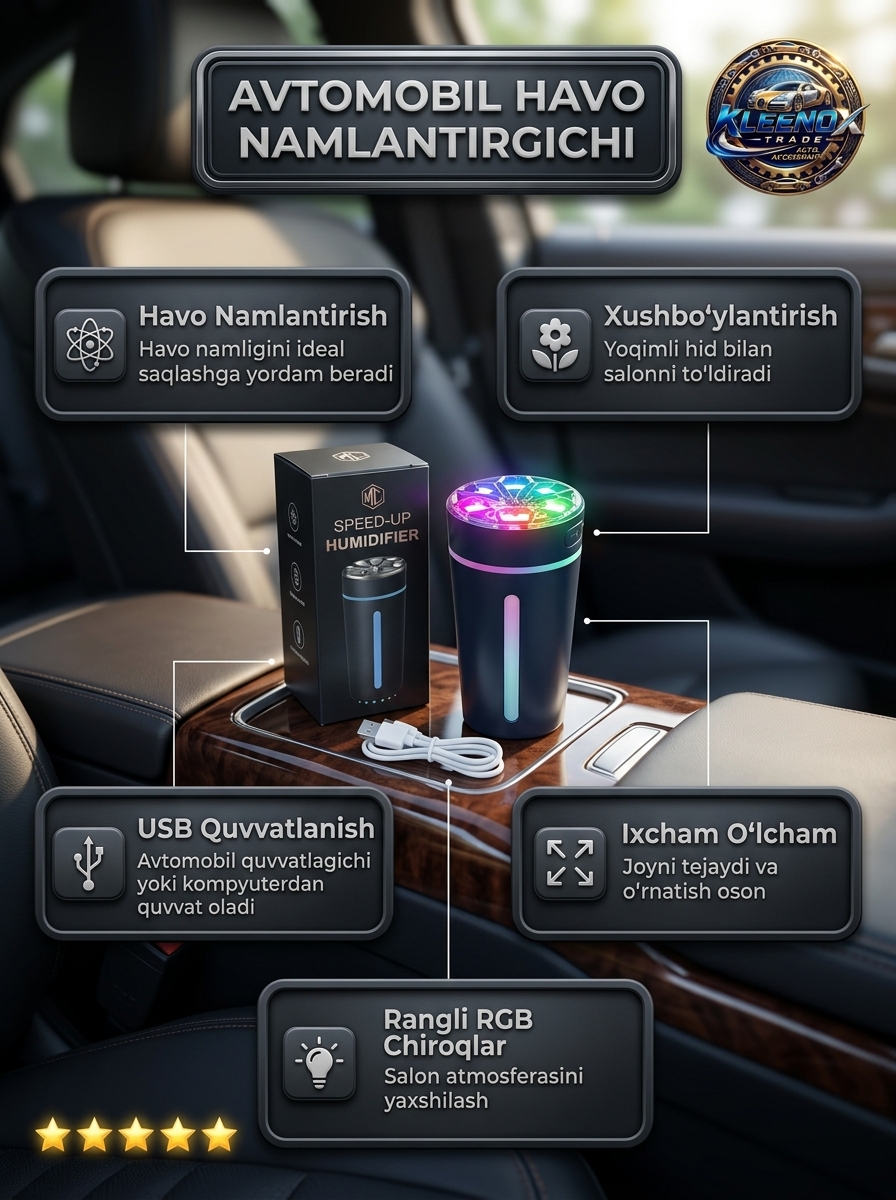 Увлажнитель воздуха для автомобиля и ароматизатор, 200 мл, с LED подсветкой, USB - 