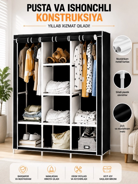 Shkaf kiyimlar uchun matoli yig‘ma garderob, tokchali va kiyim osish joyi bilan