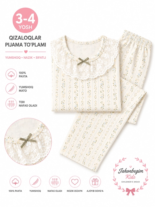 Qizaloqlar uchun gulli pijama toʻplami, 100% paxta, shim va uzun yengli futbolka - 