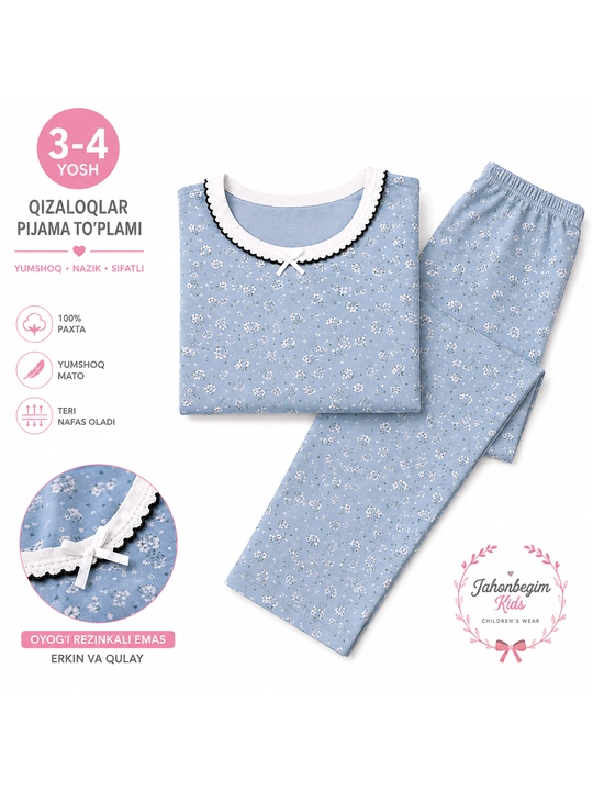 Qizaloqlar uchun gulli pijama toʻplami, 100% paxta, shim va uzun yengli futbolka - 